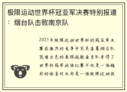极限运动世界杯冠亚军决赛特别报道：烟台队击败南京队